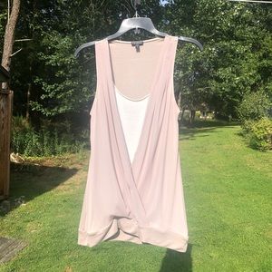 Tan deep V top w built in white cami! Silky/shiny